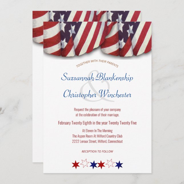 Patriotic Red White & Blue Bunting and Stars Invitation (Front/Back)