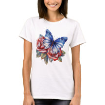 PATRIOTIC RED WHITE BLUE BUTTERFLY AND FLOWERS