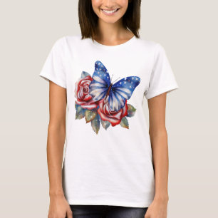 PATRIOTIC RED WHITE BLUE BUTTERFLY AND FLOWERS T-Shirt