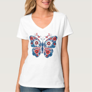 PATRIOTIC RED WHITE BLUE BUTTERFLY AND FLOWERS T-Shirt