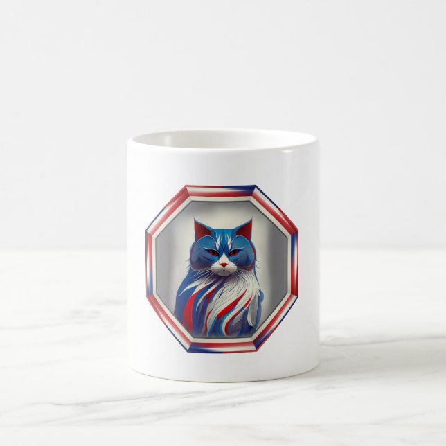 Patriotic Red White & Blue Cat In Frame Coffee Mug (Center)