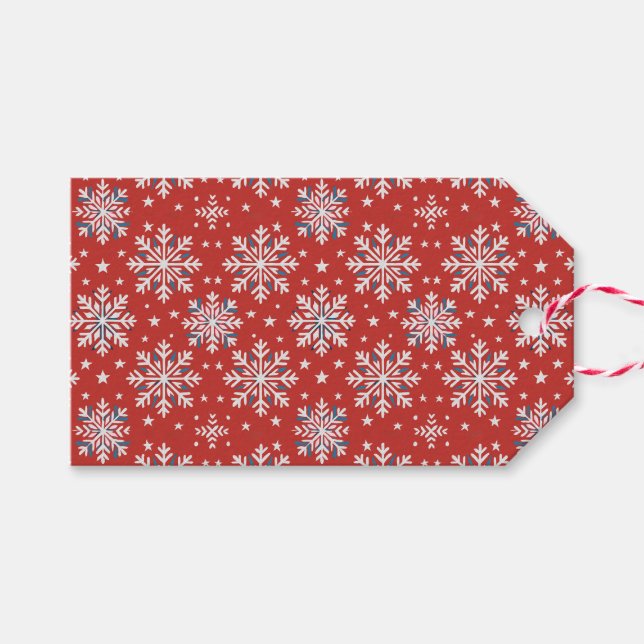 Patriotic Red White Blue Christmas Snowflake Tag (Front (Horizontal))
