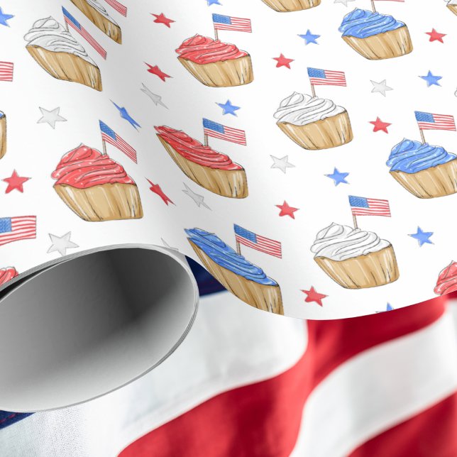 Patriotic Red White Blue Cupcake Flag Stars Wrapping Paper (Creator Uploaded)