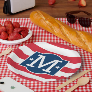 Patriotic Red White Blue Custom Monogram Initial Paper Plate