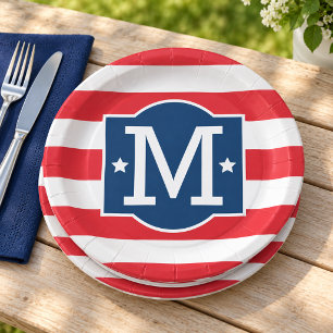 Patriotic Red White Blue Custom Monogram Initial Paper Plate