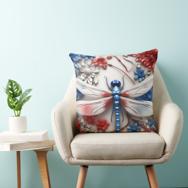 PATRIOTIC RED WHITE BLUE DRAGONFLIES & FLOWERS CUSHION (Chair)