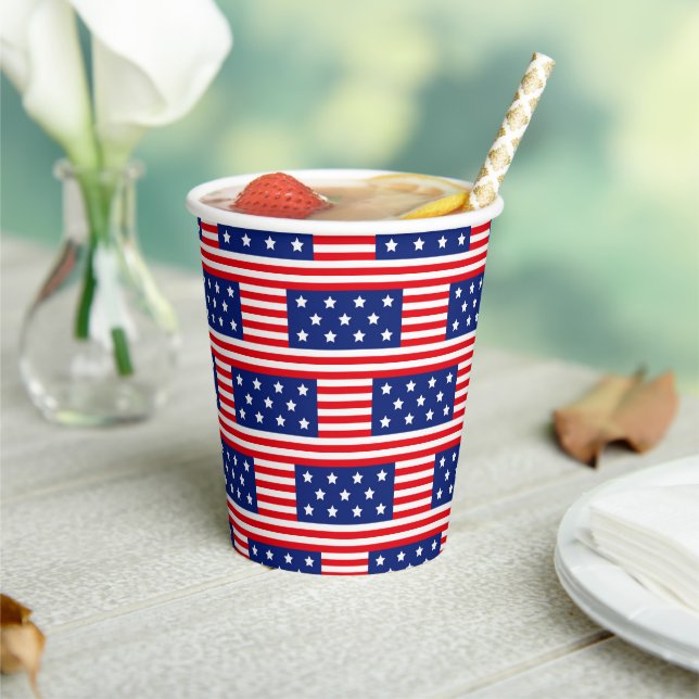 PATRIOTIC RED WHITE BLUE FLAG STARS STRIPES PAPER CUPS (Insitu)
