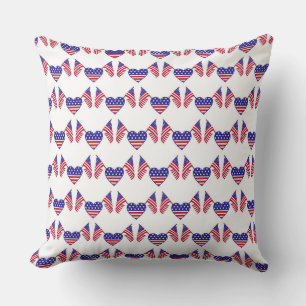 PATRIOTIC RED WHITE BLUE FLAGS & HEARTS CUSHION