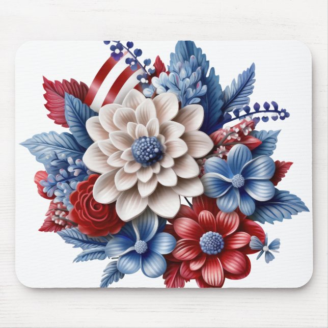 PATRIOTIC RED WHITE BLUE FLORAL BOUQUET MOUSE MAT (Front)