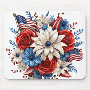 PATRIOTIC RED WHITE BLUE FLORAL BOUQUET MOUSE MAT