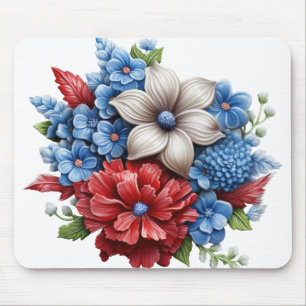 PATRIOTIC RED WHITE BLUE FLORAL BOUQUET MOUSE MAT