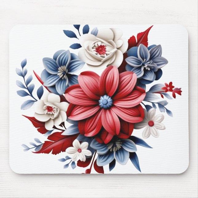 PATRIOTIC RED WHITE BLUE FLORAL BOUQUET MOUSE MAT (Front)