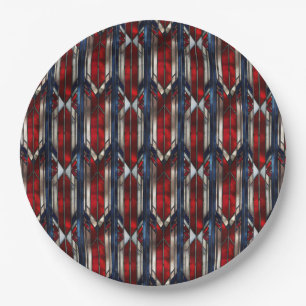 Patriotic Red White Blue Geometric Pattern Paper Plate