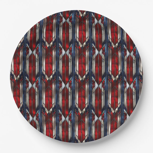 Patriotic Red White Blue Geometric Pattern Paper Plate (Front)
