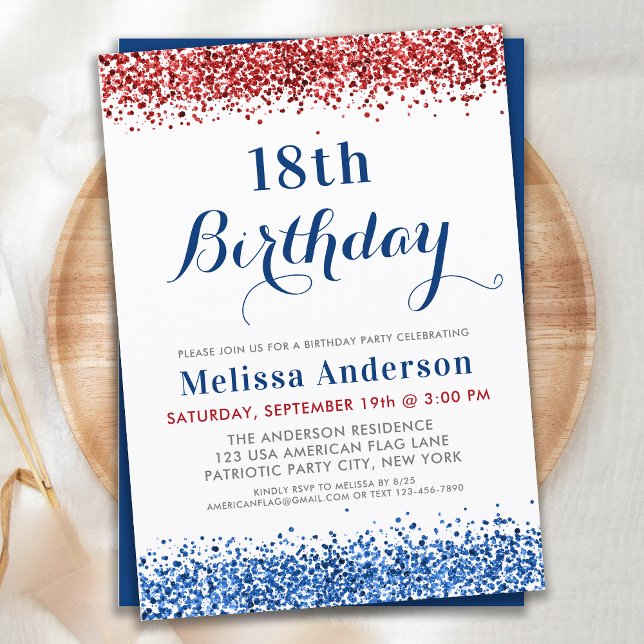 Patriotic Red White Blue Glitter Birthday Party  Invitation (Creator Uploaded)
