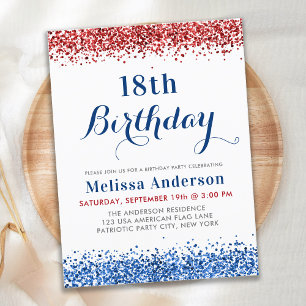 Patriotic Red White Blue Glitter Birthday Party  Invitation Postcard