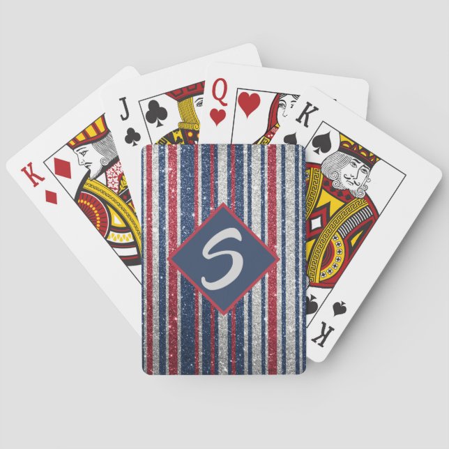 Patriotic Red White Blue Glitter Stripes Monogram Playing Cards (Back)