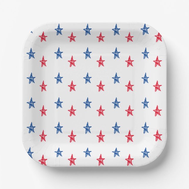 Patriotic red white blue hand drawn stars cute paper plate (Front)