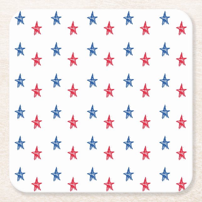 Patriotic red white blue hand drawn stars cute square paper coaster (Front)