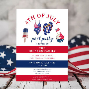 Patriotic Red White & Blue July Pool Party 4th Of Invitation
