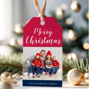 Patriotic Red White Blue Merry Christmas Photo Gift Tags