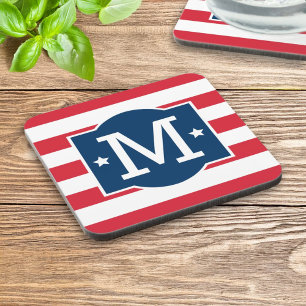 Patriotic Red White Blue Monogram Custom Coaster