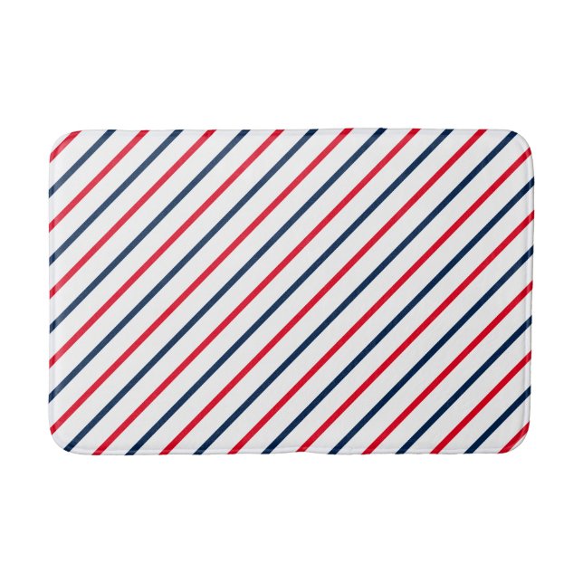 Patriotic red white & blue oblique stripes modern bath mat (Front)