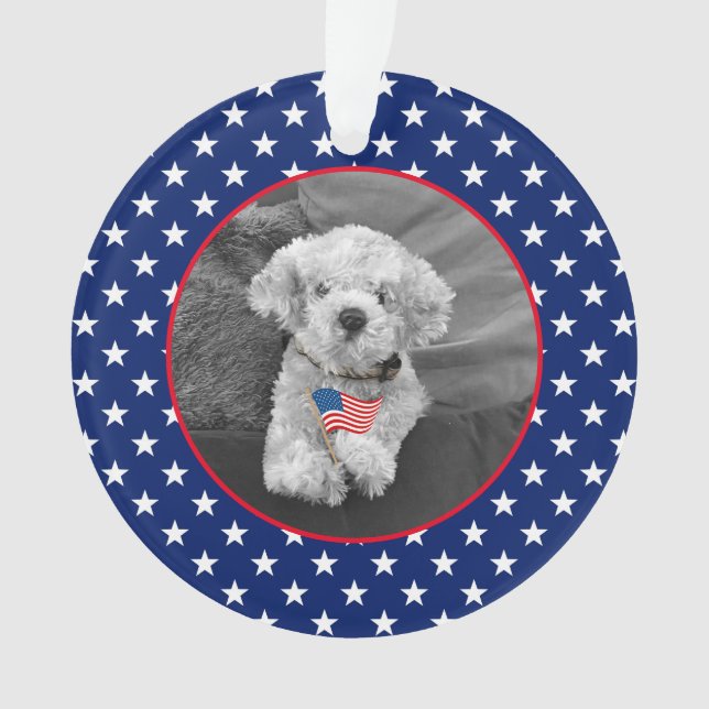 Patriotic Red White Blue Photo NAME DATE Keepsake Ornament (Front)