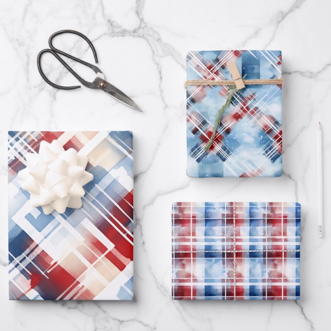 Patriotic Red White Blue Plaid Complementary Set Wrapping Paper Sheet (Front)