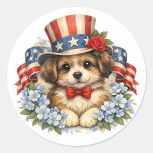 Patriotic Red White Blue Puppy Classic Round Sticker
