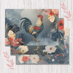 Patriotic Red White Blue Rooster Flowers Leaves Wrapping Paper Sheet