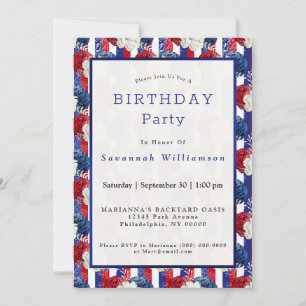 Patriotic Red White Blue Rose Stripe Birthday Invitation