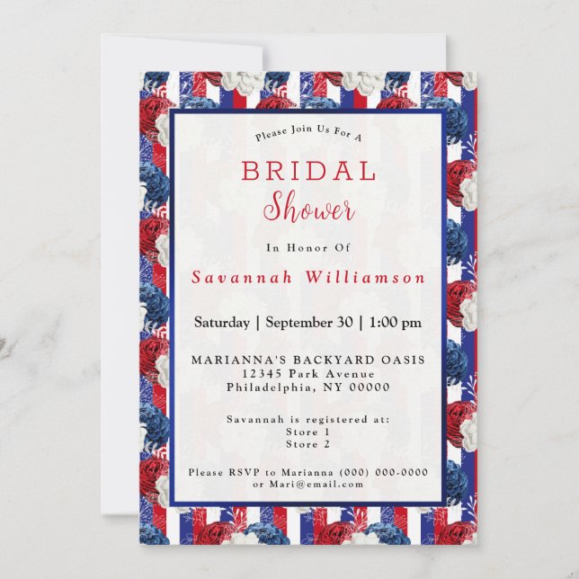 Patriotic Red White Blue Rose Stripe Bridal Shower Invitation (Front)