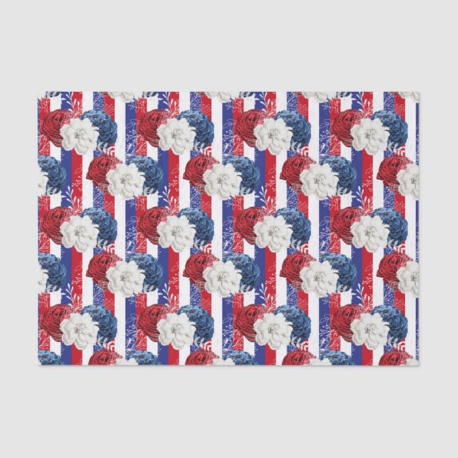 Patriotic Red White Blue Roses Stripe Floral Tissue Paper (Front)