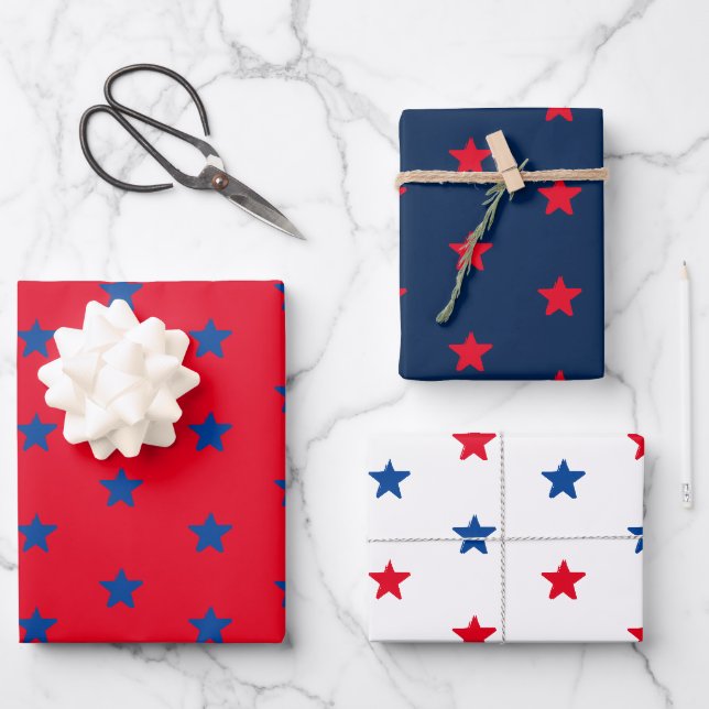 Patriotic red white blue stars american pattern wrapping paper sheet (Front)