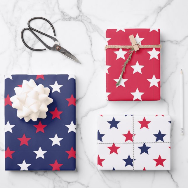 Patriotic Red White Blue Stars American Wrapping Paper Sheet (Front)