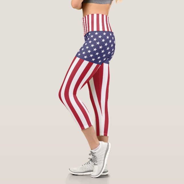Patriotic Red White Blue Stars And Stripes Flag Capri Leggings (Left)