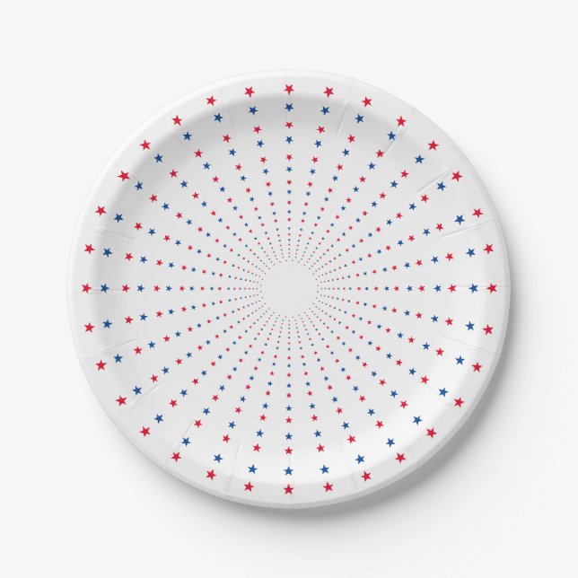Patriotic red white blue stars fireworks festive paper plate (Front)