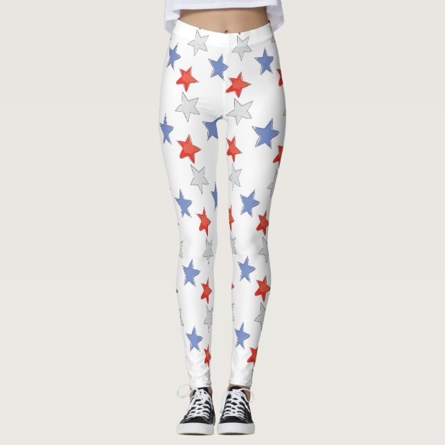 Patriotic Red White Blue Stars Leggings (Front)