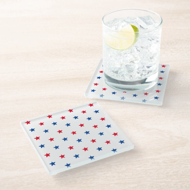 Patriotic red white blue stars pattern 4th of July Glass Coaster (Angled)