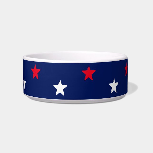 Patriotic red white blue stars pattern dog pet bowl (Front)
