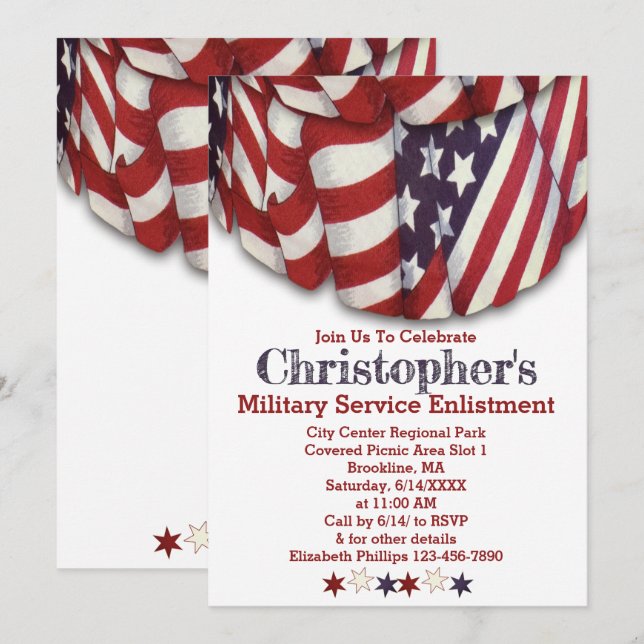 Patriotic Red White Blue Stars Service Enlistment Invitation (Front/Back)