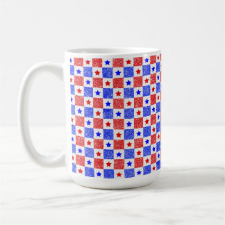 PATRIOTIC RED WHITE BLUE STARS & SQUARES COFFEE MUG