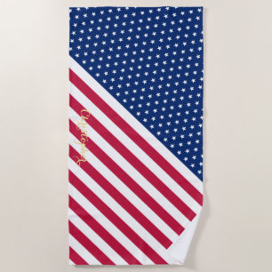 Patriotic Red White Blue Stars Stripes Monogrammed Beach Towel