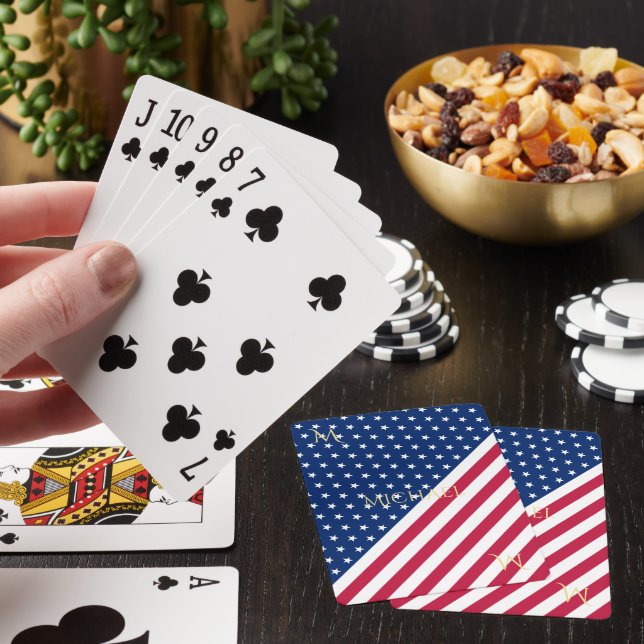 Patriotic Red White Blue Stars Stripes Monogrammed Playing Cards (In Situ)