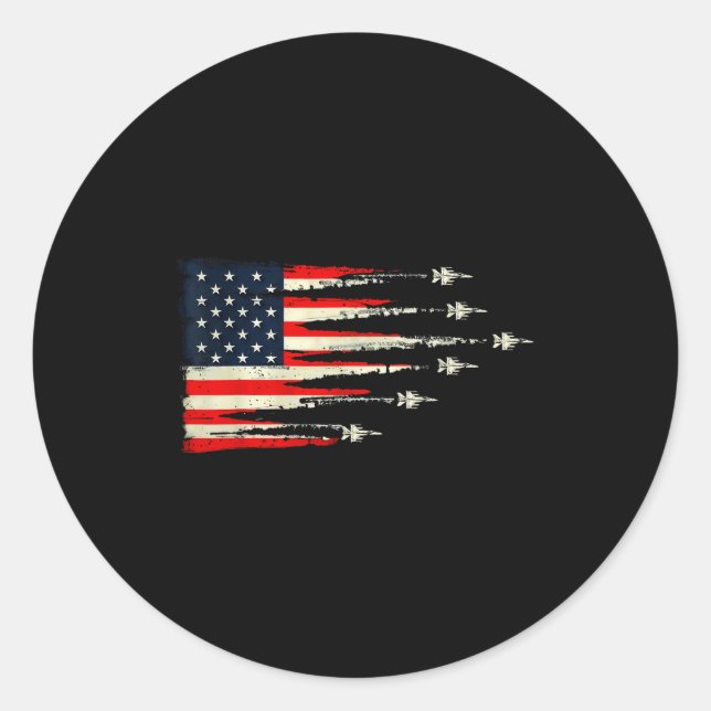 Patriotic Red White Blue Usa Flag Fighter Jets 4th Classic Round Sticker (Front)