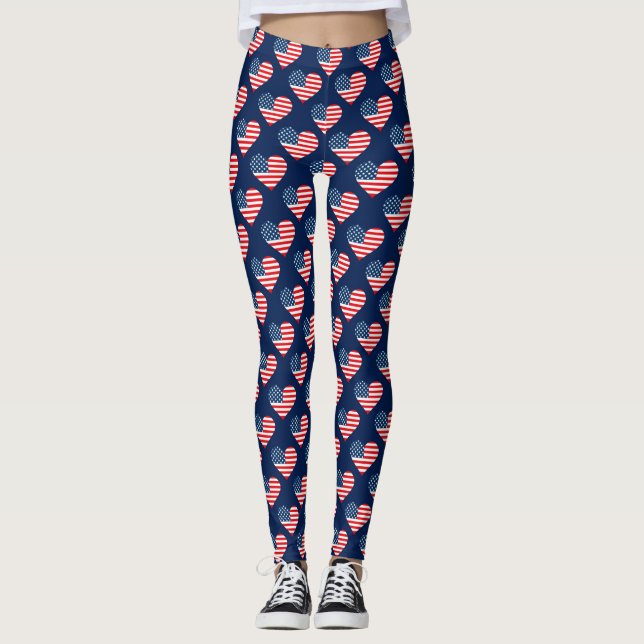 Patriotic Red, White & Blue USA Flag Hearts Leggin Leggings (Front)