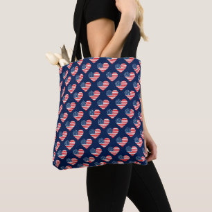 Patriotic Red, White & Blue USA Flag Hearts Tote Bag