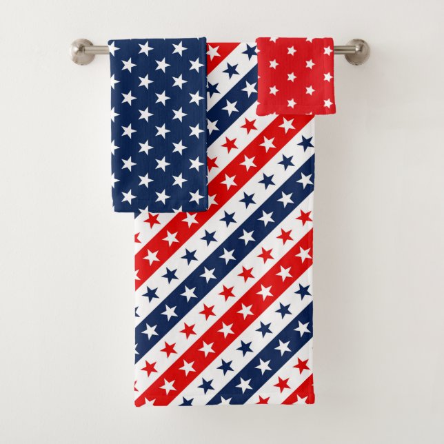 Patriotic Red, White & Blue USA Flag Patterns Bath Towel Set (Insitu)