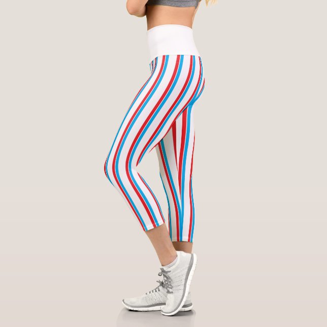 Patriotic Red White Blue Vertical Stripes Capri Leggings (Left)